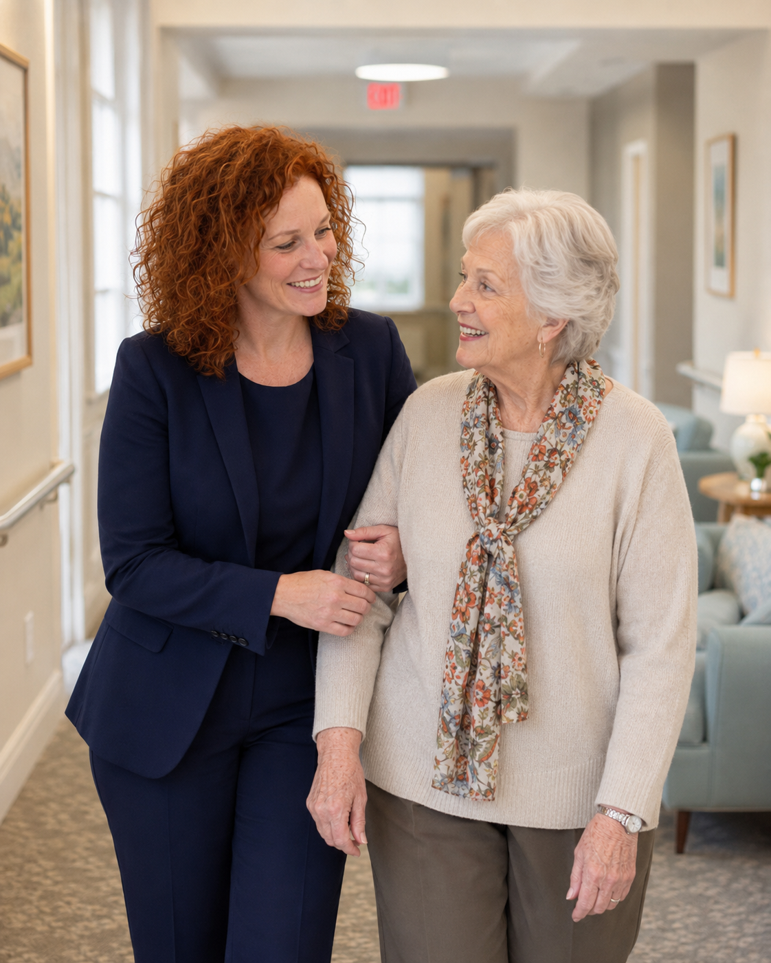 Stephanie Lonow, PA-C walking with a resident at a partner facility