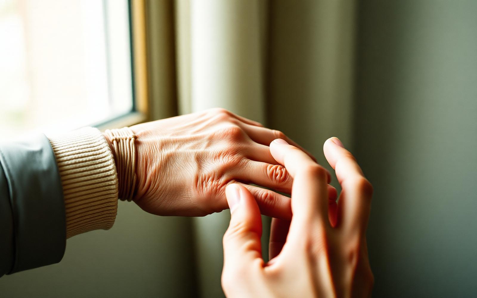 A younger hand gently holding an older hand