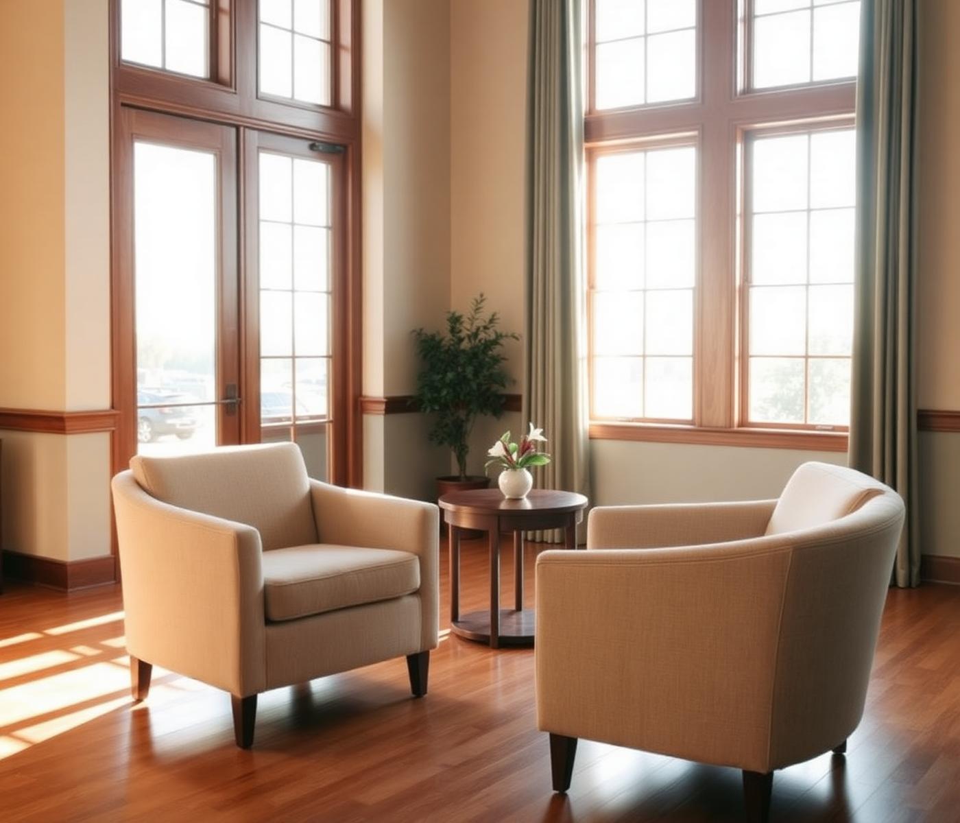A warm, sunlit common area inside a skilled nursing facility
