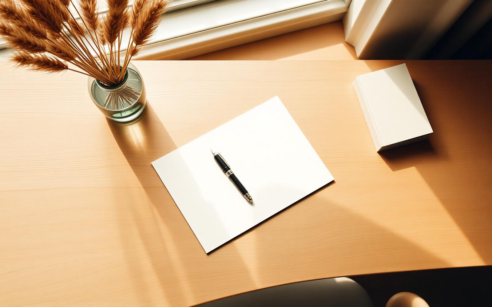A quiet desk with a pen and blank paper